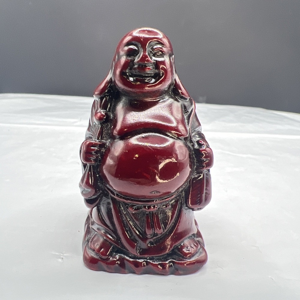 Vtg Red Cinnabar Resin Laughing Buddha Figurine Happy Hotei Statue Lucky 2.5"